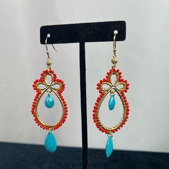 Orange and Blue Gold Dangle Earrings - Picture 1 of 3